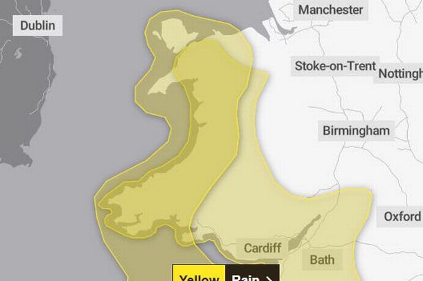 The warnings in yellow for wind and rain that cover a large majority of Wales