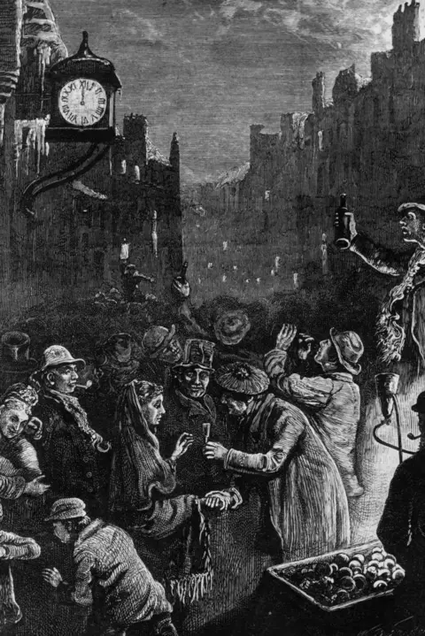 Hulton Archive / Stringer A black and white drawing of people celebrating. There are Edinburgh tenements on either side and a clock with midnight as the time.