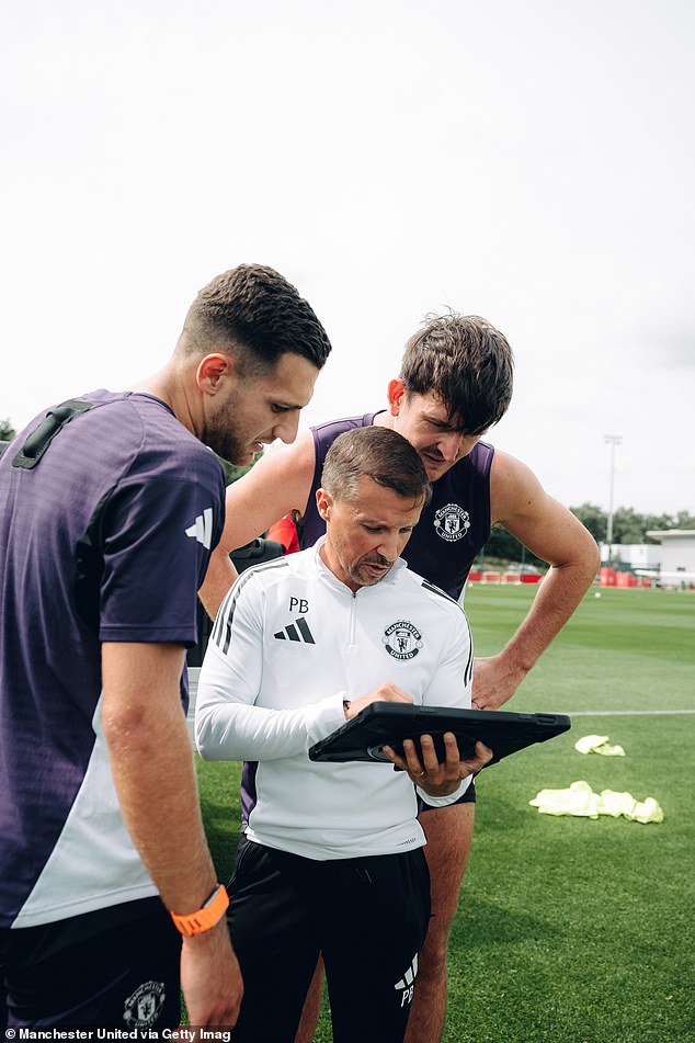 Diogo Dalot and Harry Maguire, who are both part of the new six-man leadership group, learn from sports scientist Paulo Barreira