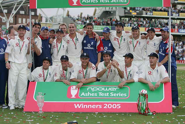 Collingwood (far left) played the final Test in 2005 as England sealed the Ashes but was mocked by Shane Warne for his limited input