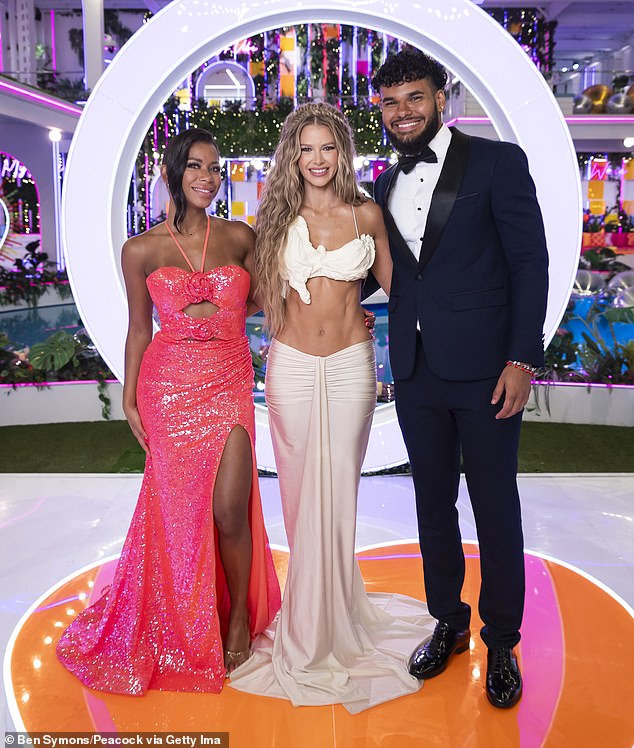 Espinal was the winner of season seven of Love Island USA with Bryan Arenales; Espinal and Arenales seen with Love Island USA host Ariana Madix