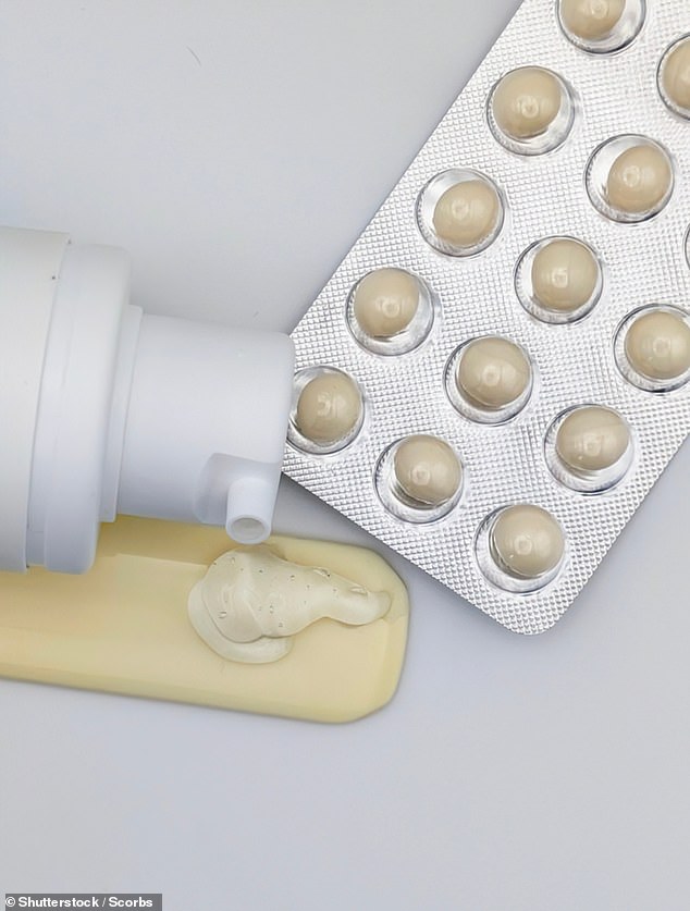 Julie says after her doctor started her on hormone replacement therapy, the 'floaters' in her vision disappeared almost instantly (stock image of HRT tablets and gel)