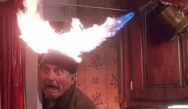 In this scene from the first Home Alone film, Harry (Joe Pesci) is set alight with a flamethrower - a stunt that in real life caused the actor 'serious burns'