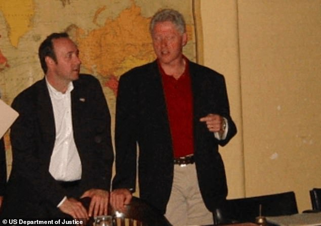 Clinton and Spacey were pictured speaking to one another inside the war rooms