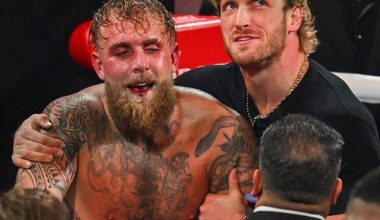 Logan Paul (R) was heard chirping at Anthony Joshua during his bout with Jake Paul (L)