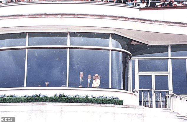 Jeffrey Epstein, Andrew Mountbatten-Windsor and Ghislaine Maxwell at a box at the Royal Ascot in a picture released by the US Department of Justice