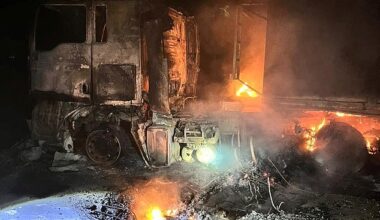 A truck burns at the site of a Russian missile and drone strike, amid Russia's attack on Ukraine, in Odesa region