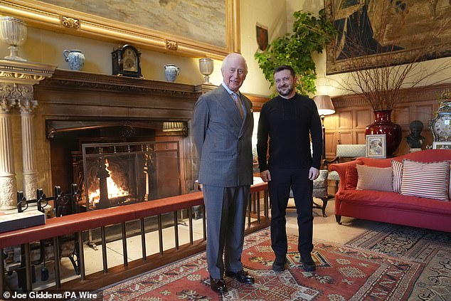 In March, the King met with Ukraine’s President Volodymyr Zelensky in the Saloon at Sandringham