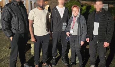 The Brasserie restaurant at the Copthorne Hotel was once a much-loved family venue. Yet today, it is no longer open to the public after the hotel, just three miles from Gatwick in West Sussex, became migrant accommodation in 2021. Pictured: Sue Reid with a group of migrants living in the hotel, who invited her to tour it