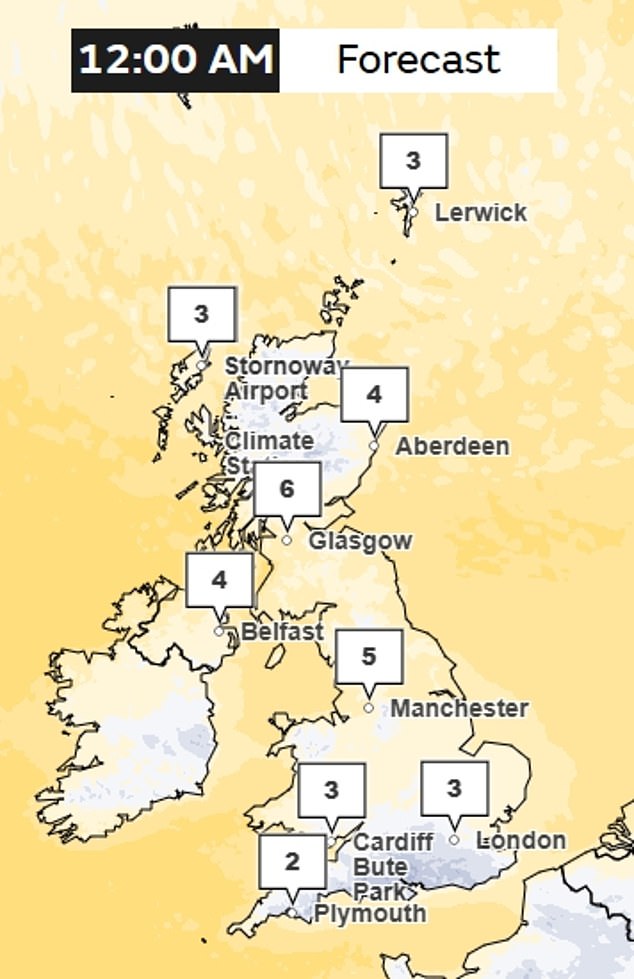 Image shows the forecast at midnight tonight for the New Year