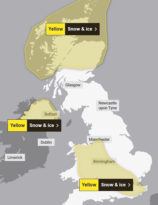 Large areas of the UK are covered by a snow and ice warning on Friday