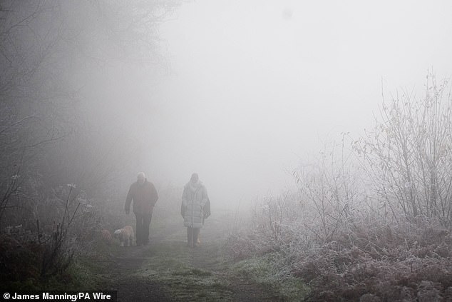 People walking through fog in West Hay Nature Reserve, Somerset, on Wednesday