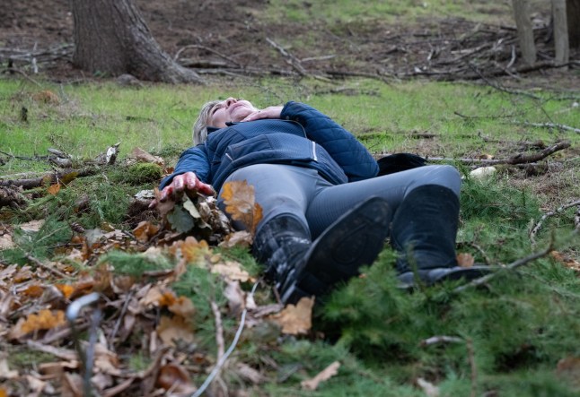 Kim laying unconscious on the floor in Emmerdale