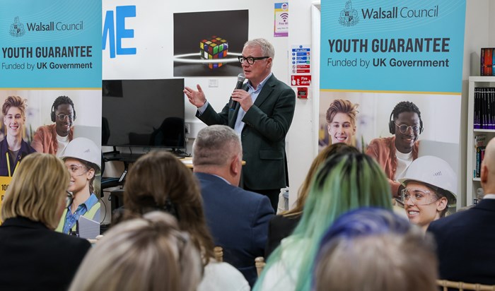 Mayor Richard Parker talking to a group of people at the launch of the youth trailblazer scheme at Walsall’s town centre youth hub, Our Place