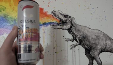 Celsius can in front of dinosaur painting