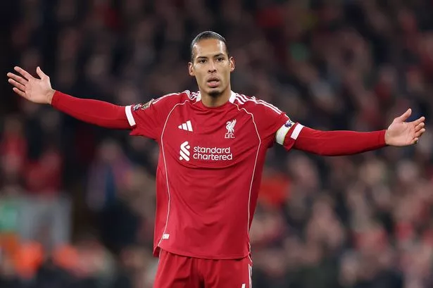 LIVERPOOL, ENGLAND - DECEMBER 03: Virgil van Dijk of Liverpool reacts during the Premier League match between Liverpool and Sunderland at Anfield on December 03, 2025 in Liverpool, England. (Photo by Carl Recine/Getty Images)