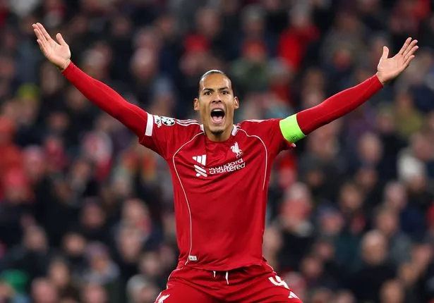 LIVERPOOL, ENGLAND - NOVEMBER 26: Virgil van Dijk of Liverpool reacts during the UEFA Champions League 2025/26 League Phase MD5 match between Liverpool FC and PSV Eindhoven at Anfield on November 26, 2025 in Liverpool, England. (Photo by Molly Darlington/Copa/Getty Images)