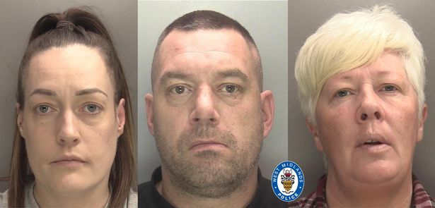 Police custody images of prison custody officer Carla Moskot-Bretell (l - white, with with brown hair), her partner Darren Oakes (centre - white, with shaved brown hair and stubble) and  Patricia Bucknall (r - white with white blonde hair) 