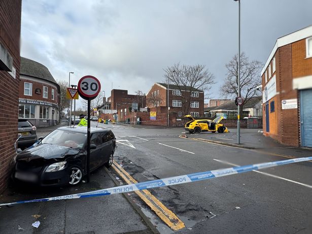 A photo shows two cars which appear to have been involved in a collision