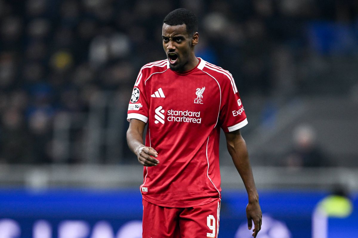 Alexander Isak shouts while playing in a Champions League match for Liverpool