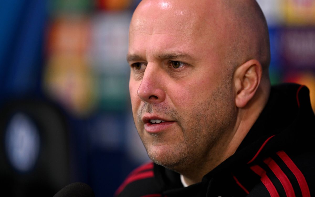 Arne Slot speaks during a Liverpool press conference