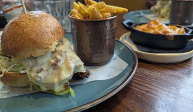 Burger, chips and mac