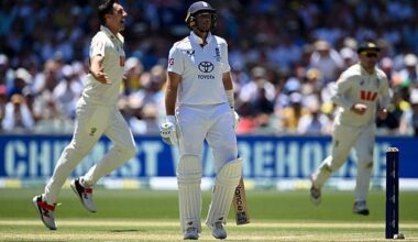 ADELAIDE, AUSTRALIA - DECEMBER 18: Joe Root of England is dismissed by Australia Pat Cummins during day two of the Third Test Match in the 2025-26 Ashes Series between Australia and England at Adelaide Oval on December 18, 2025 in Adelaide, Australia. (Photo by Gareth Copley/Getty Images)