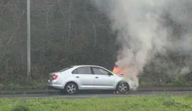 A2 Belfast Road towards the city, close to the Tesco store at Knocknagoney: Car on fire causing traffic disruption