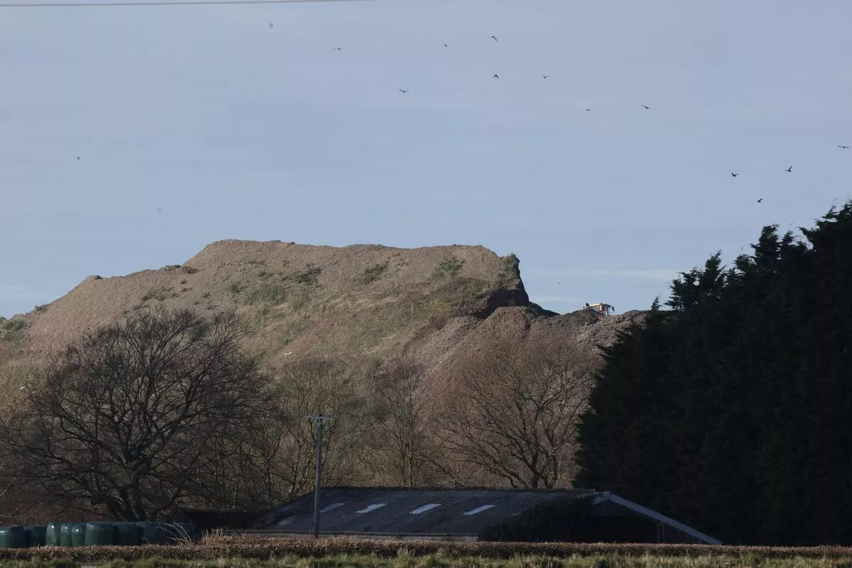 A large mound of material on Simonswood Industrial Estate near Kirkby in March 2025