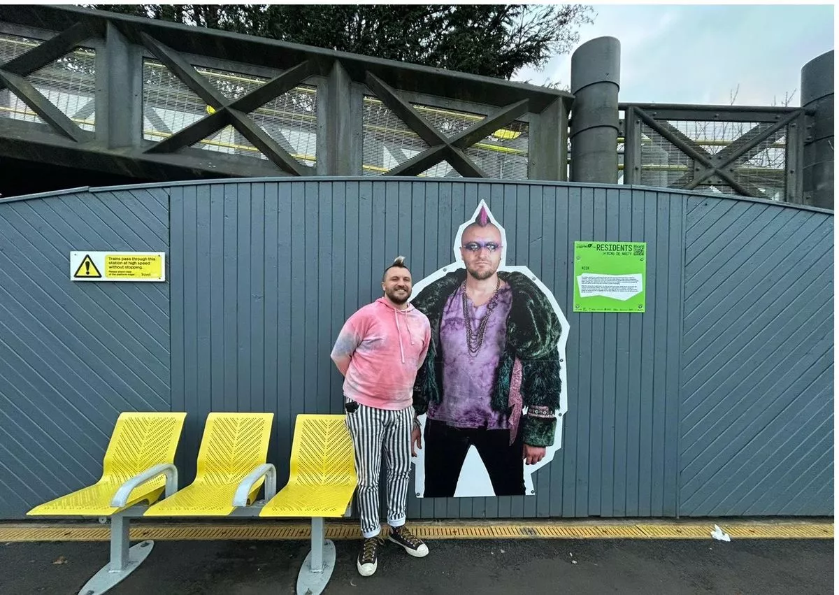 Nick with his portrait at Eastham Rake. Photograph of Residents by Ming de Nasty, part of Homotopia Festival 2025