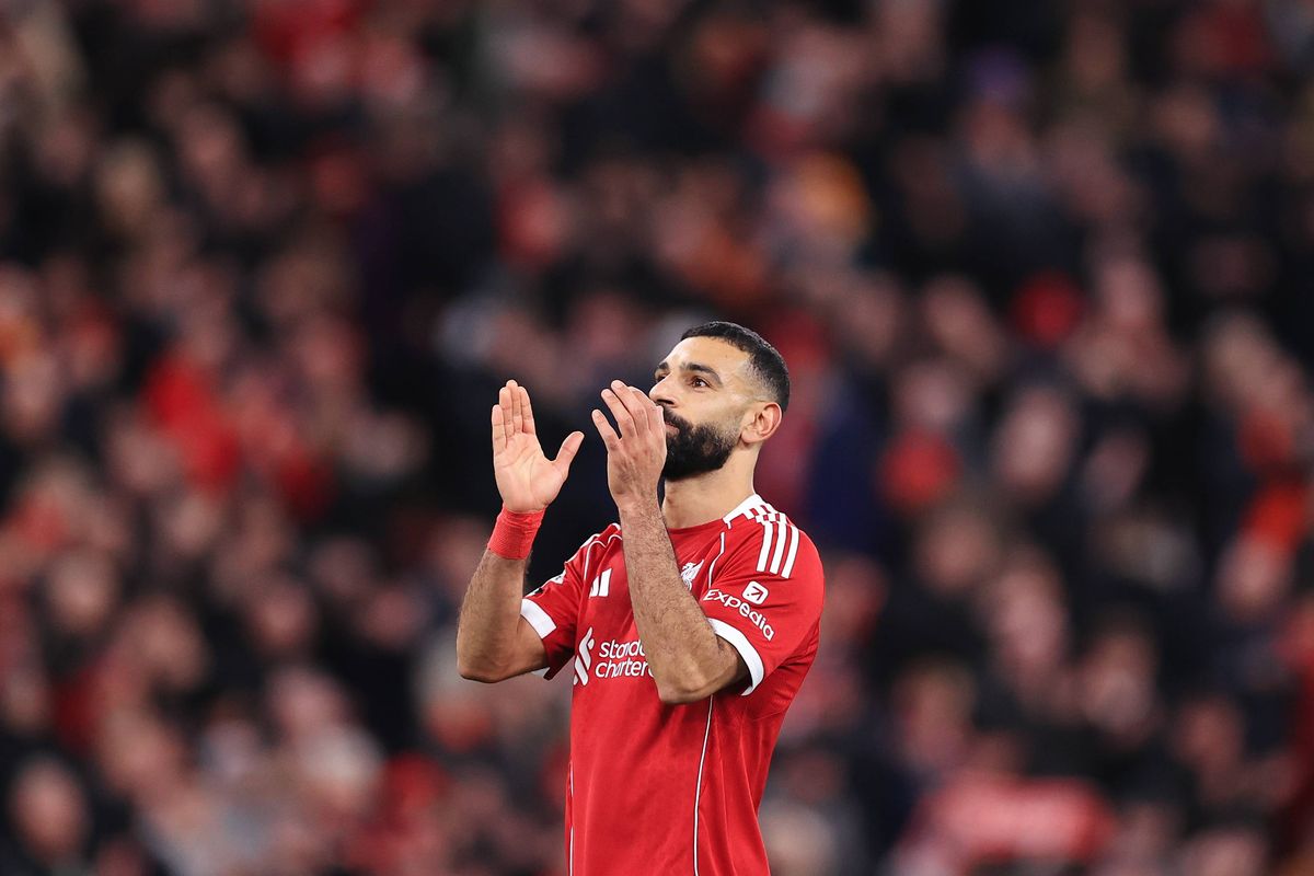 Mohamed Salah of Liverpool applauds the support after the Premier League match between Liverpool and Brighton