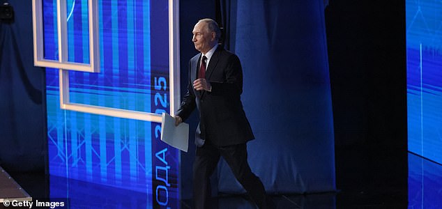 MOSCOW, RUSSIA - DECEMBER 19: Russian President Vladimir Putin enters the hall during his annual joint call-in-show and press conference, on December 19, 2025 in Moscow, Russia. During the broadcast of "Direct Line With Vladimir Putin," the annual call-in-show and press conference, Russian President Vladimir Putin takes questions from journalists and citizens calling in from across Russia.  (Photo by Contributor/Getty Images)