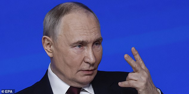 epa12603326 Russian President Vladimir Putin gestures as he answers questions during his annual live broadcast press conference with Russian federal, regional, and foreign media at the Gostiny Dvor forum hall in Moscow, Russia, 19 December 2025. Russian President Vladimir Putin on 19 December holds his end-of-year press conference and the 'Direct Line with Vladimir Putin' televised event, where he will answer citizens' questions focusing on domestic issues.  EPA/SERGEI ILNITSKY