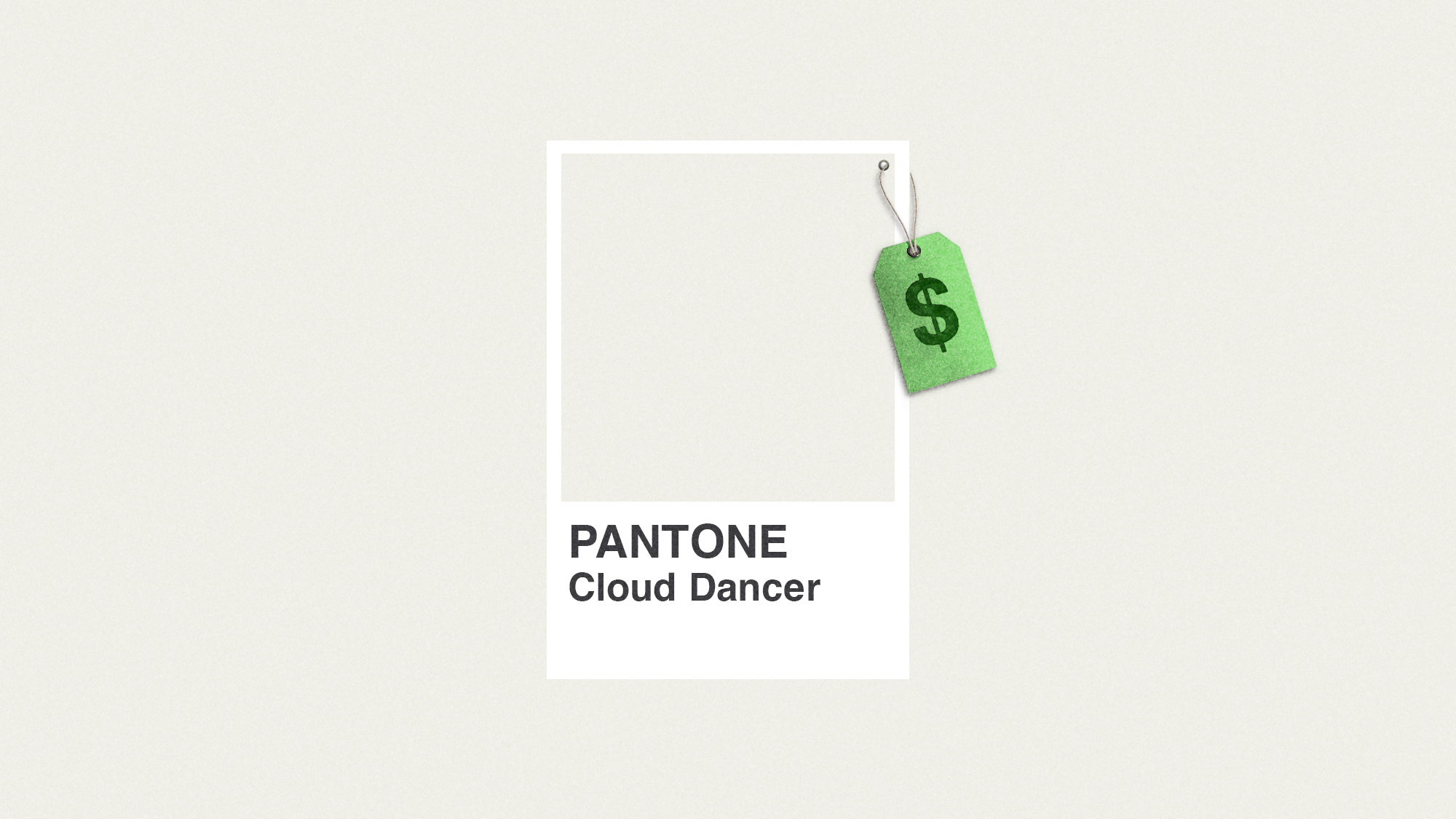 A paint swatch of Pantone's "cloud dancer" with a dollar price tag attached to it