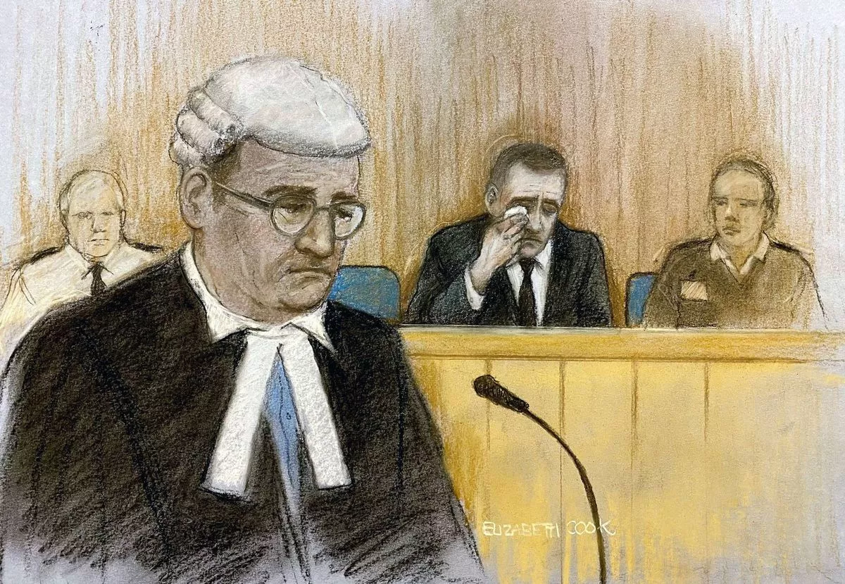 Court artist sketch by Elizabeth Cook of prosecution counsel Paul Greaney KC speaking as Paul Doyle, wipes away tears as he appears at Liverpool Crown Court