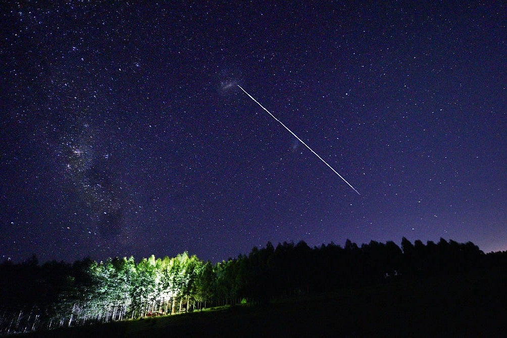 A long-exposure image of SpaceX's Starlink satellites passing over Capilla del Sauce in Uruguay.