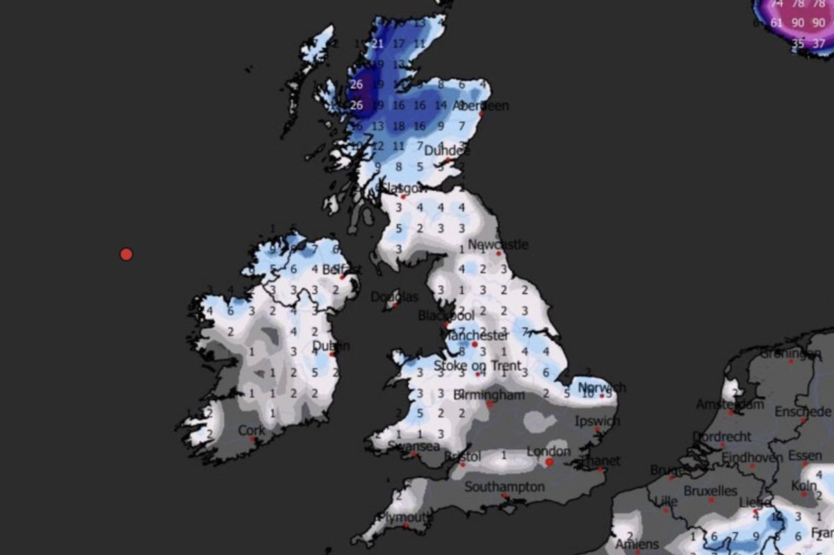 WX Charts weather map showing snow on January 8