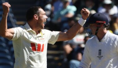 Australia's Scott Boland celebrates the wicket of Harry Brook in Melbourne (Associated Press)