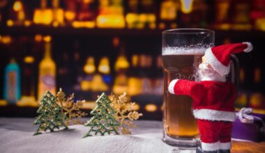 Festive pub interior adorned with Christmas decorations, sparkling lights, and patrons enjoying holiday cheer
