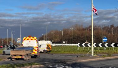 UK and England flags have gone up by Dobbies Island, Shrewsbury