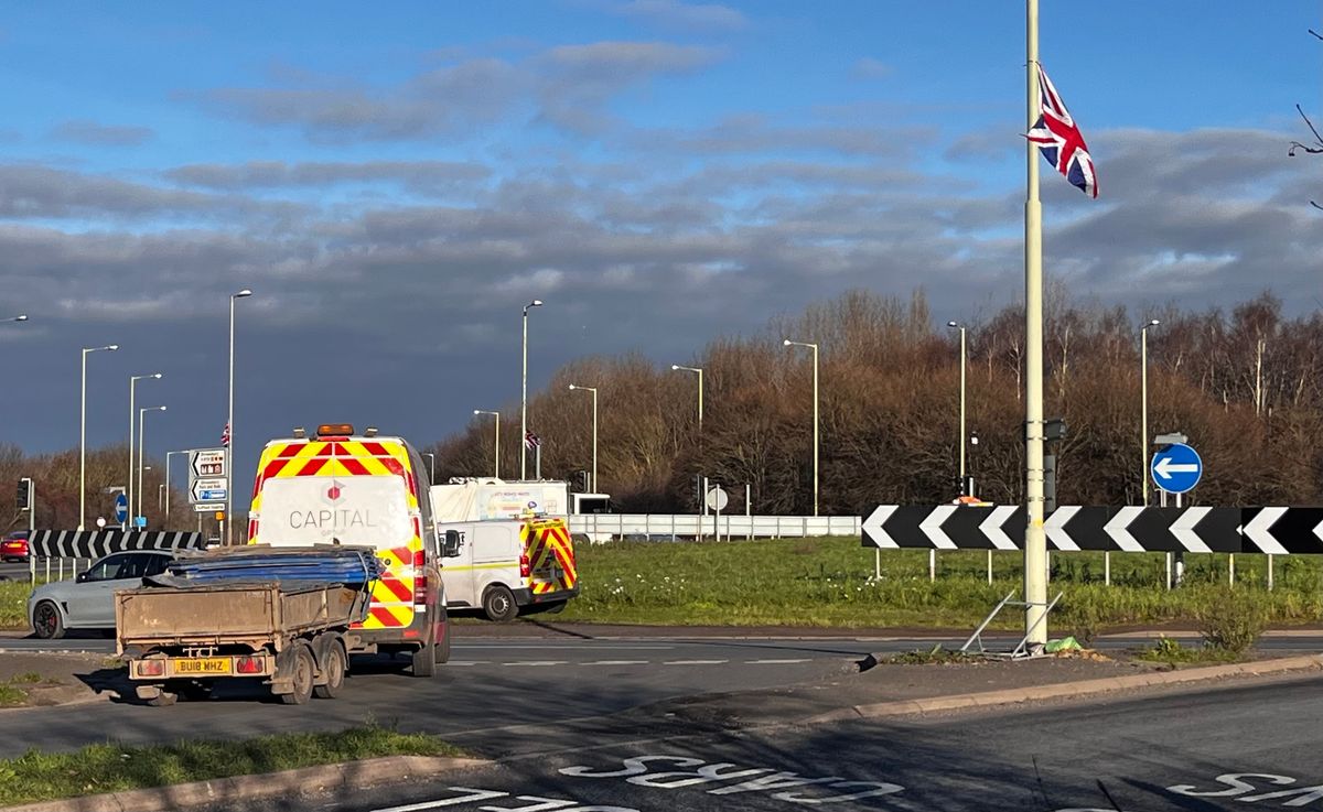 UK and England flags have gone up by Dobbies Island, Shrewsbury
