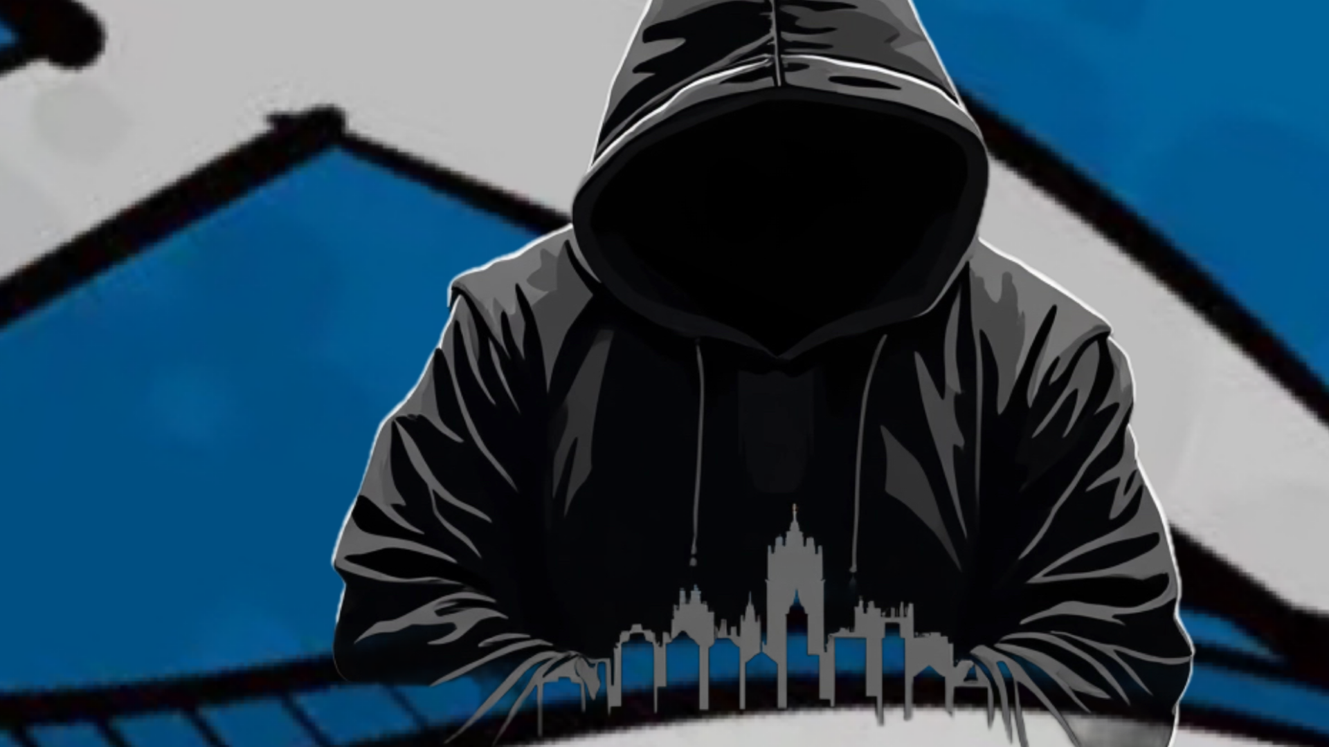 Illustration of a person in a black hoodie with a city skyline design, set against a blue background.