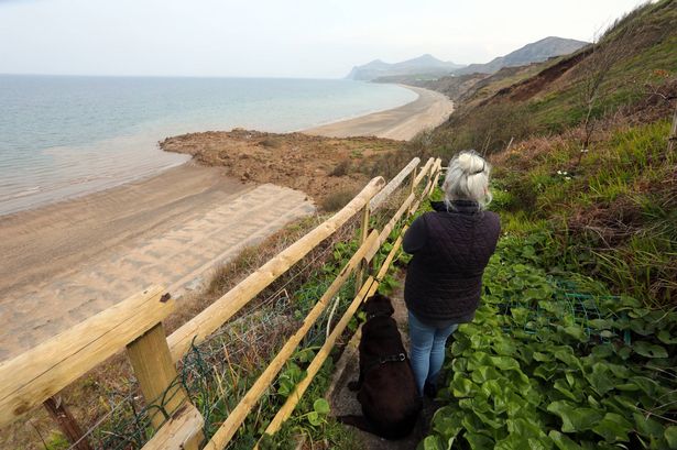 A local resident views the landslide on a beach from her property nearby