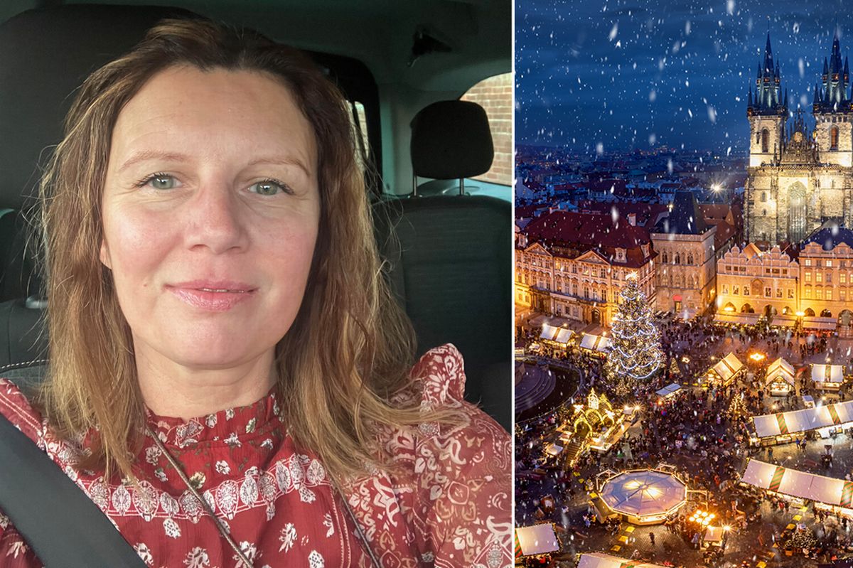 Journalist Jackie Annett and a picture of the Old Town Square of Prague, Czech Republic leading up to Christmas.