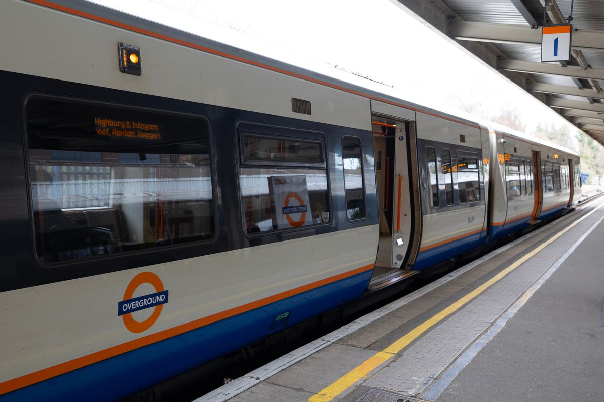 An Overground train in Croydon in London,