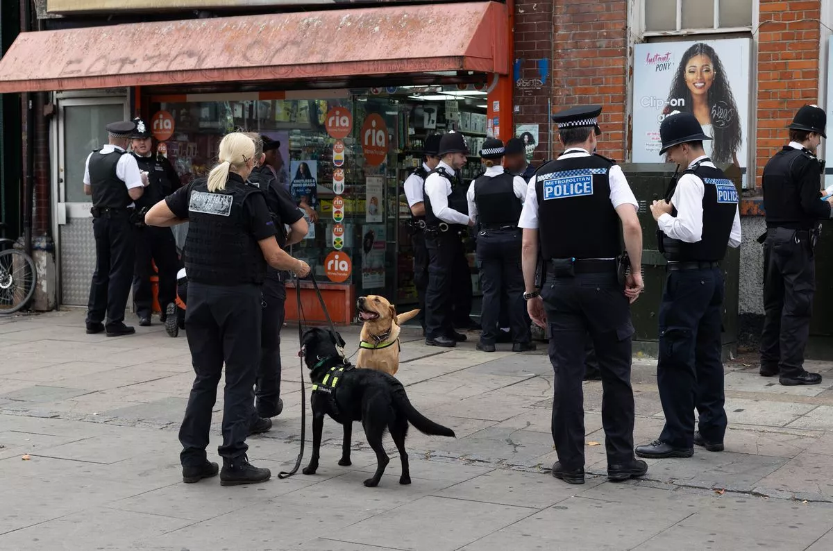 Police with sniffer dogs conduct an operation outside Seven Sisters station in London. A large number of officers are gathered outside a shop 