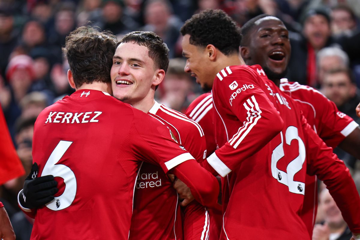 Florian Wirtz celebrates with his Liverpool teammates after scoring against Wolves