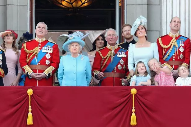 LONDON, ENGLAND - JUNE 09:  Princess Anne, Princess Royal, Princess Beatrice, Lady Louise Windsor, Prince Andrew, Duke of York, Queen Elizabeth II, Meghan, Duchess of Sussex, Prince Charles, Prince of Wales, Prince Harry, Duke of Sussex, Catherine, Duchess of Cambridge, Prince William, Duke of Cambridge, Princess Charlotte of Cambridge, Savannah Phillips, Prince George of Cambridge and Isla Phillips watch the flypast on the balcony of Buckingham Palace during Trooping The Colour on June 9, 2018 in London, England. The annual ceremony involving over 1400 guardsmen and cavalry, is believed to have first been performed during the reign of King Charles II. The parade marks the official birthday of the Sovereign, even though the Queen's actual birthday is on April 21st.  (Photo by Chris Jackson/Getty Images)