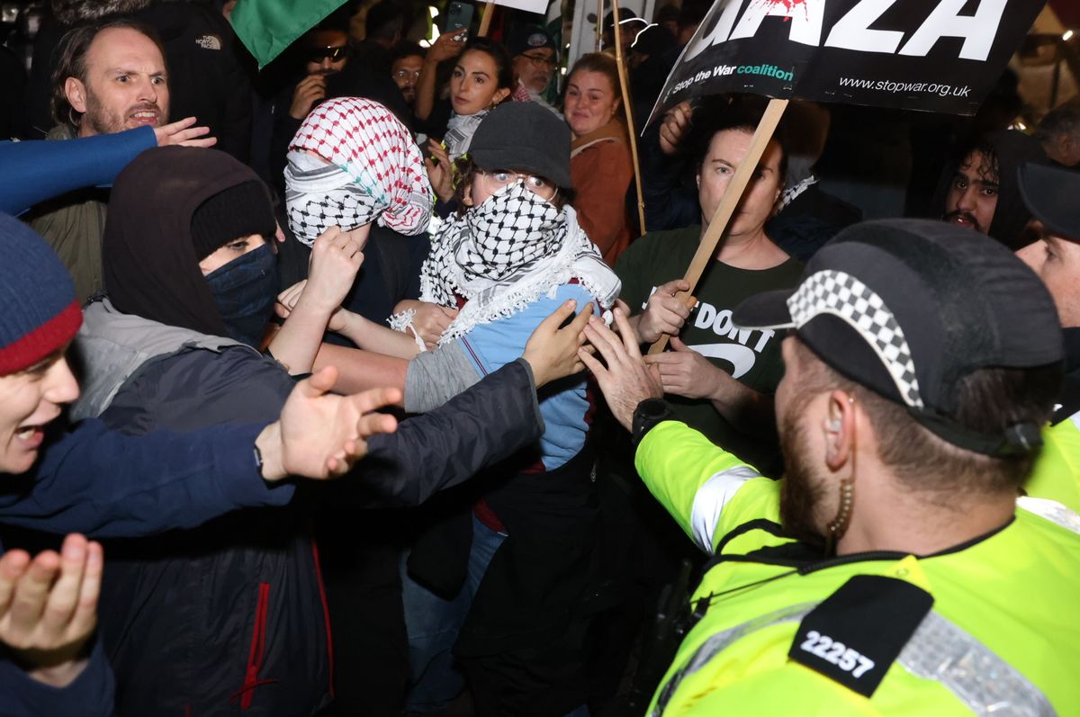 Protesters outside Villa Park before the match between Aston Villa and Maccabi Tel Aviv - away fans were not in attendance