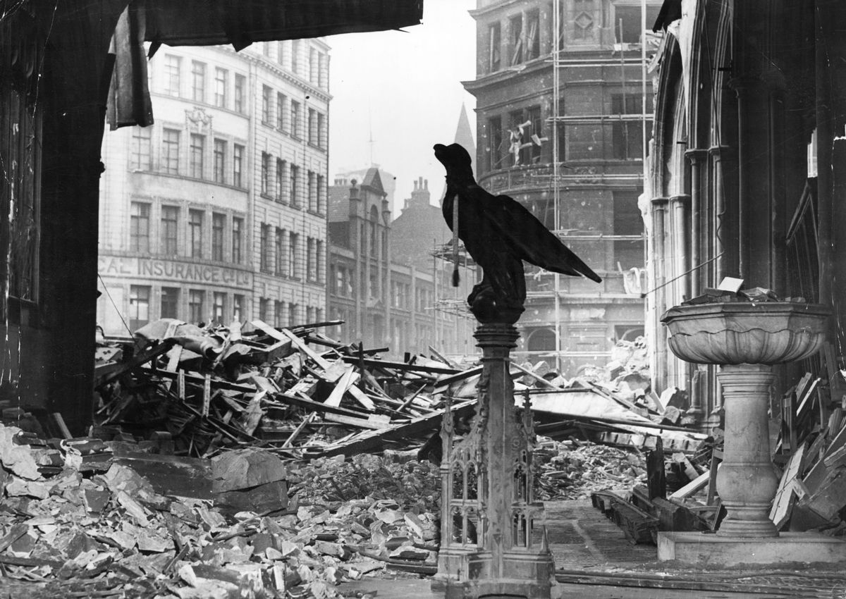 Rubble, and stone work from a church is seen amongst the ruins in Manchester. Picture taken 23rd December 1940